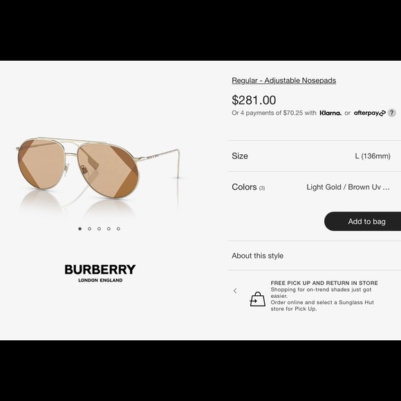 BURBERRY PILOT GOLD-TONE METAL AVIATORS WITH 2 TONE DESIGN DETAILING ON LENSES - Picture 12 of 16